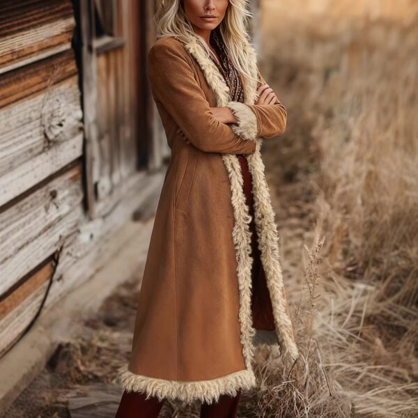 Women's Retro Fashion Suede Edge Solid Color Long Wind Jacket