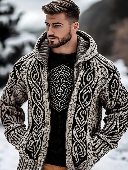 Men's Zippered Trendy Casual Dual Pocket Printed Hoodie