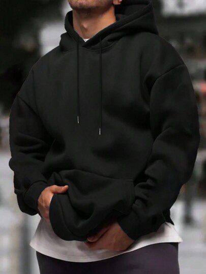 Men's Fashionable Solid-Color Drop-Shoulder Long-Sleeve Hoodie