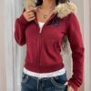Women's Casual Hooded French-Elegant Coat With Zipper And Faux Fur Collar