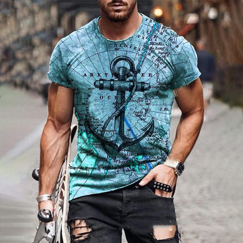 Men's Casual Multicolor Vintage Map Anchor Printed Graphic Short Sleeve T-shirt