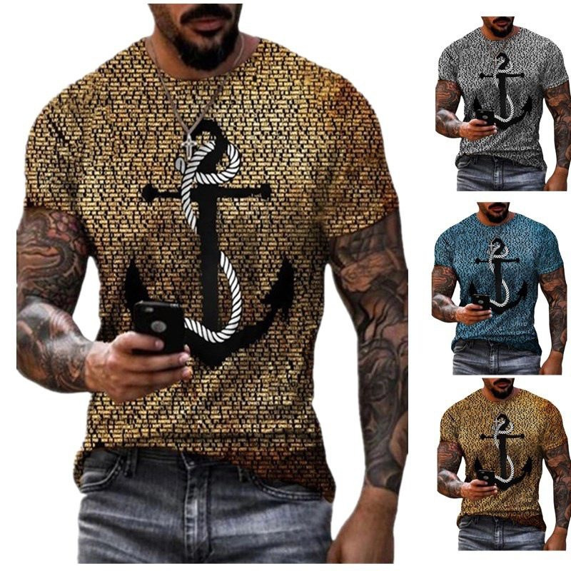 Men's Vintage Anchor Casual Graphic Digital Print Short Sleeve T-Shirt