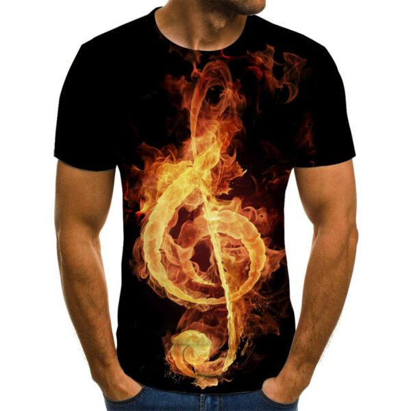 Men's Casual Trending 3D Printed Flame Music Note/Guitar Short Sleeve T-shirt