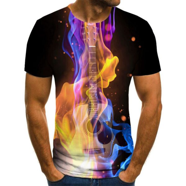 Men's Casual Trending 3D Printed Flame Music Note/Guitar Short Sleeve T-shirt