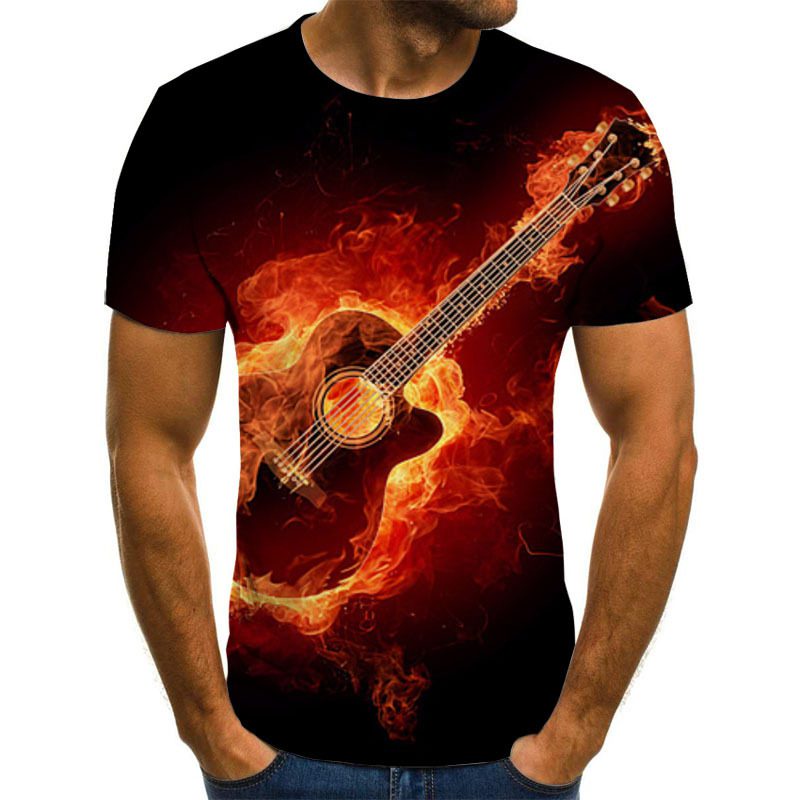 Men's Casual Trending 3D Printed Flame Music Note/Guitar Short Sleeve T-shirt