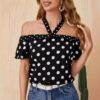 Women's Trendy Polka Dot Off-Shoulder Ribbon Halter Top