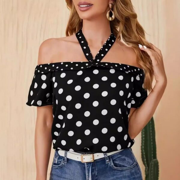 Women's Trendy Polka Dot Off-Shoulder Ribbon Halter Top