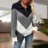 Women's Casual Lapel Contrast-Color Knitted Zip-up Sweater