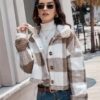 Women's Plaid Pattern Plush Button Casual Cardigan Jacket