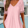 Women's Solid-Color V-Neck Loose-Fit Short-Sleeve Pleated Top