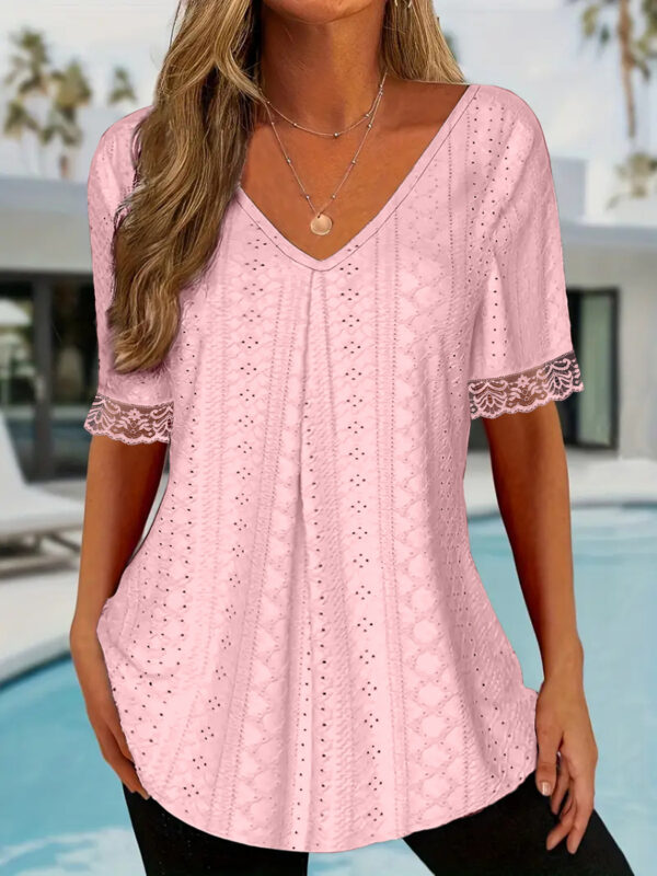 Women's Solid-Color V-Neck Loose-Fit Short-Sleeve Pleated Top