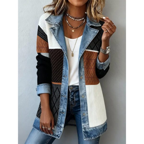 Women's Denim Patchwork Fashion Lapel Button-Down Long-Sleeved Jacket