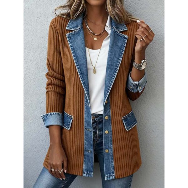 Women's Denim Patchwork Fashion Lapel Button-Down Long-Sleeved Jacket