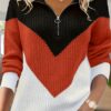 Women's Casual Lapel Contrast-Color Knitted Zip-up Sweater