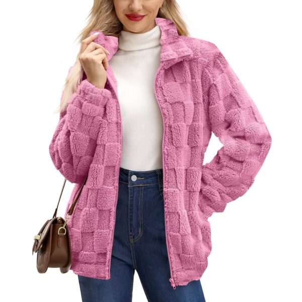 Women's Zipped Stand Collar Loose Jacquard Plaid Plush Jacket