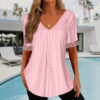 Women's Solid-Color V-Neck Loose-Fit Short-Sleeve Pleated Top