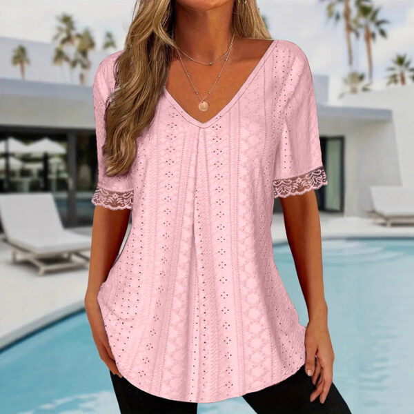 Women's Solid-Color V-Neck Loose-Fit Short-Sleeve Pleated Top