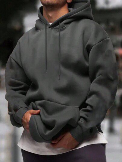 Men's Fashionable Solid-Color Drop-Shoulder Long-Sleeve Hoodie