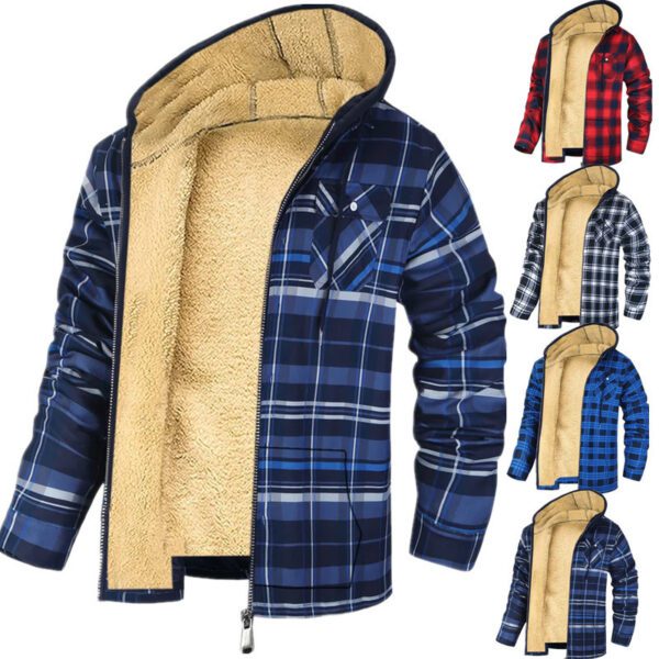 Men's Thick Cotton Checkered Trucker Loose Fit Hooded Zip Jacket