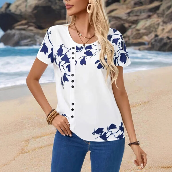 Women's Casual Flower Printed Round-Neck Short-Sleeved Top