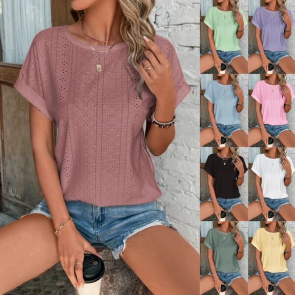 Women's Casual Hollow-Out Mesh Embroidered Batwing Short Sleeve Top