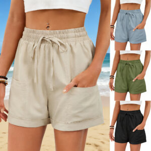 Women's Solid-Color Pocketed Drawstring Elastic-Waist Loose-Fit Shorts