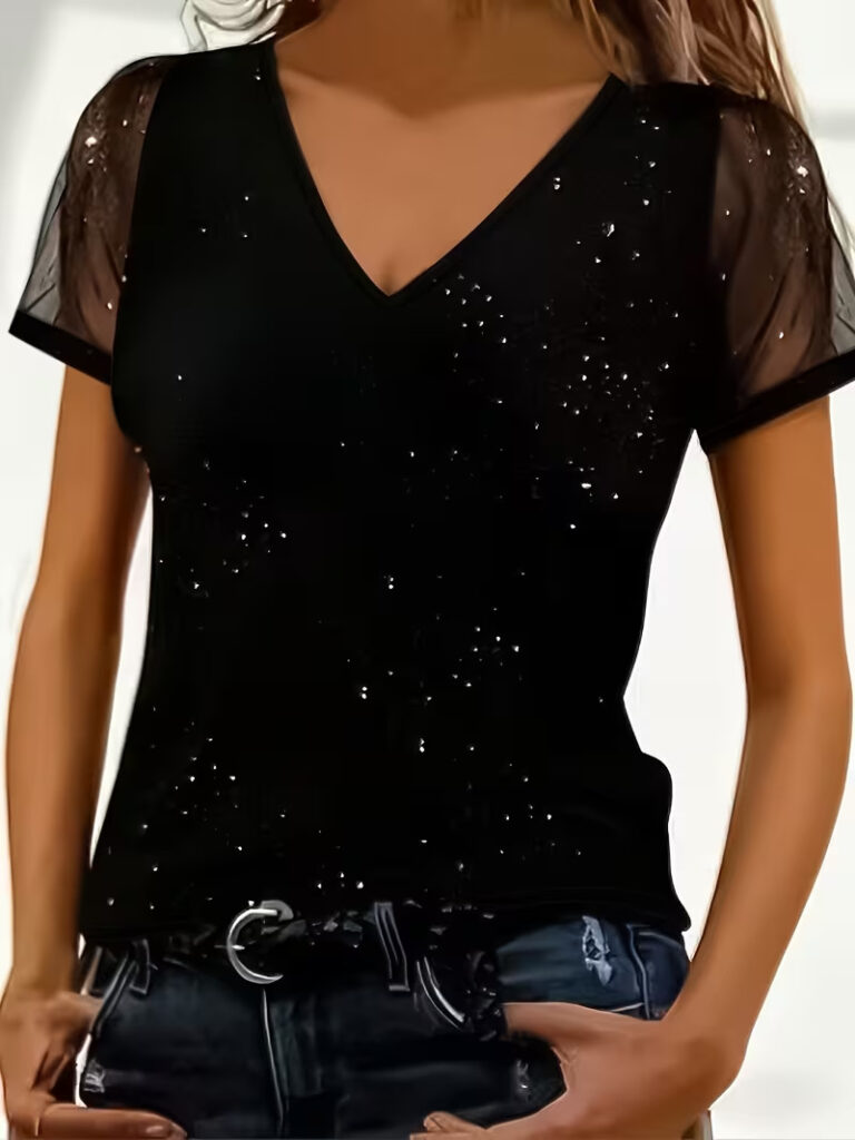 Women's Short-Sleeved Loose-Fit V-neck Sequence Casual T-shirt