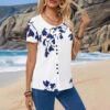 Women's Casual Flower Printed Round-Neck Short-Sleeved Top