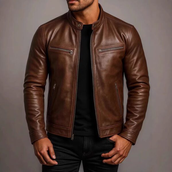 Men's Vintage PU Leather Motorcycle Jacket With A Stand-Up Collar