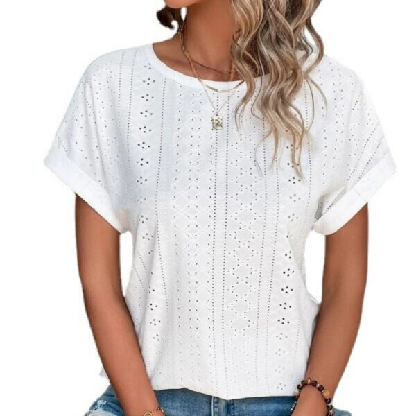 Women's Casual Hollow-Out Mesh Embroidered Batwing Short Sleeve Top