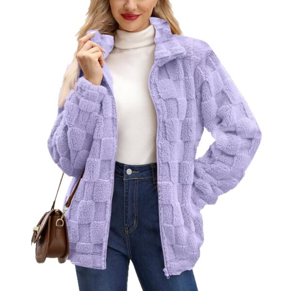 Women's Zipped Stand Collar Loose Jacquard Plaid Plush Jacket