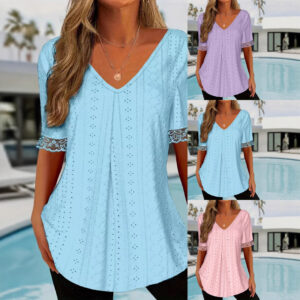 Women's Solid-Color V-Neck Loose-Fit Short-Sleeve Pleated Top