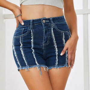 716625cf-45a4-4836-be80-39204a97b6cb.jpg Women's Retro High-Waisted Raw-Edge Patchwork Stretch Denim Shorts