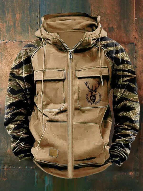 Men's Casual Camo Multi-Pocket Cargo Full Zip Hoodie