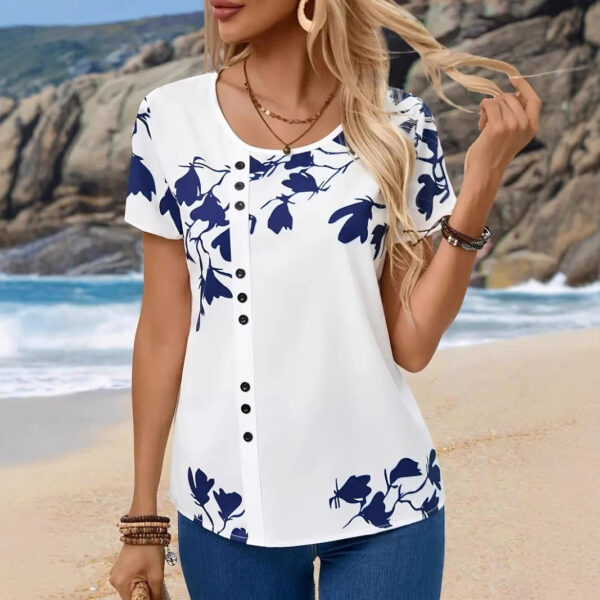 Women's Casual Flower Printed Round-Neck Short-Sleeved Top