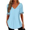 Women's Solid-Color V-Neck Loose-Fit Short-Sleeve Pleated Top