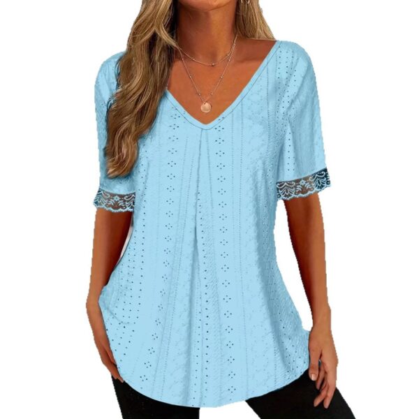 Women's Solid-Color V-Neck Loose-Fit Short-Sleeve Pleated Top