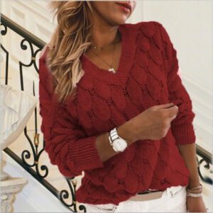 Women's Fashion Knitted Hollow Out Design V-Neck Sweater