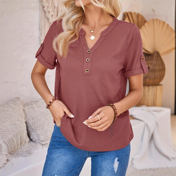 99fe7b60-d16e-4171-a09c-befc90653a81.jpg Women's Summer Button Short-Sleeved Loose Solid Color V-neck Top