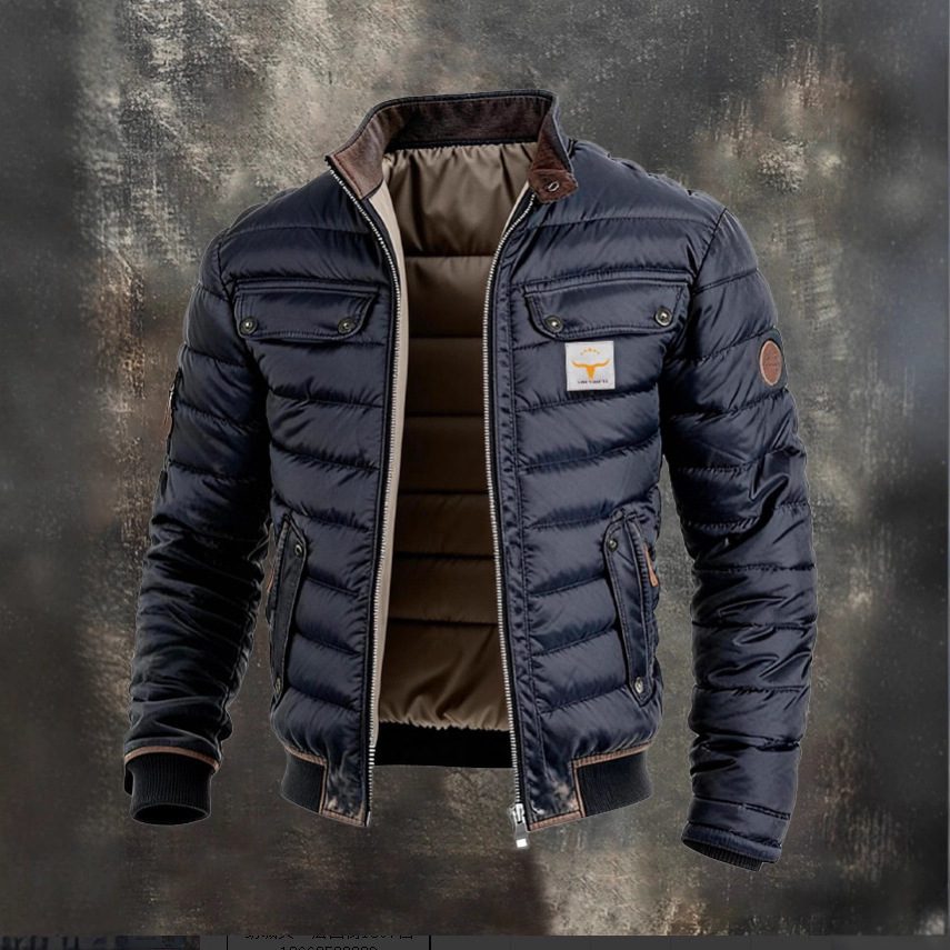 Men's Vintage Leather Quilted Patchwork Zip-Up Outdoor Jacket