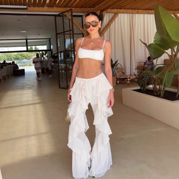 Women's Ruffle-Trimmed Casual Layered Mesh Pants