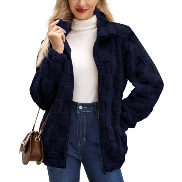 Women's Zipped Stand Collar Loose Jacquard Plaid Plush Jacket