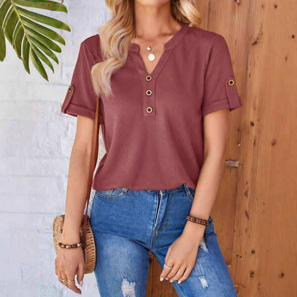aa12f518-4d01-4ca5-8c94-88633faf9157.jpg Women's Summer Button Short-Sleeved Loose Solid Color V-neck Top