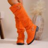 Women's Pleated Flat-Bottom Western Cowboy Boots With Belt Buckle