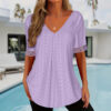 Women's Solid-Color V-Neck Loose-Fit Short-Sleeve Pleated Top
