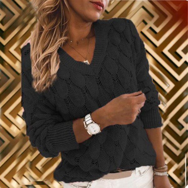 b8a006eb-5797-4cb0-b3c6-600524c25fee.jpg Women's Fashion Knitted Hollow Out Design V-Neck Sweater