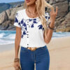 Women's Casual Flower Printed Round-Neck Short-Sleeved Top