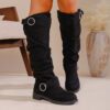 Women's Pleated Flat-Bottom Western Cowboy Boots With Belt Buckle