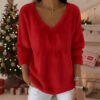 Women's Casual Plush Pullover V-neck Long Sleeve Sweater