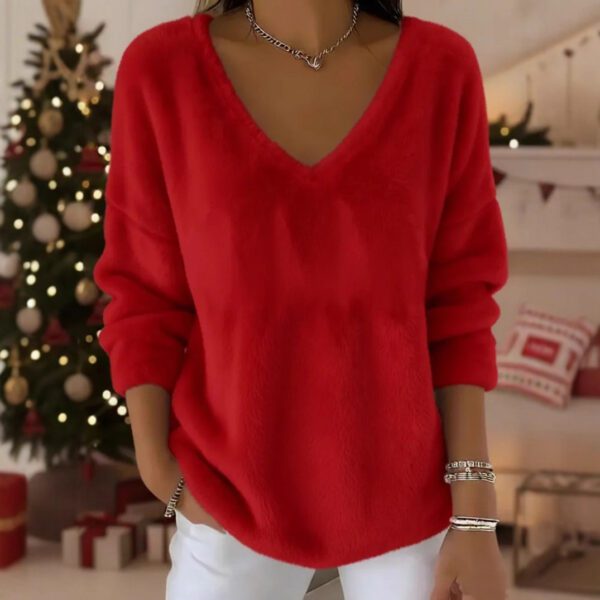 Women's Casual Plush Pullover V-neck Long Sleeve Sweater
